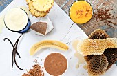 Banana smoothie, bee pollen smoothie and cocoa smoothie (vegan)