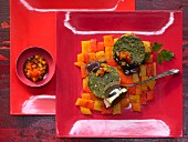A mosaic of roasted peppers with a parsley flan