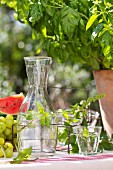 Water with mint in glass carafe on set table outdoors