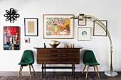 Mid-century style upholstered chairs, chest of drawers and picture gallery