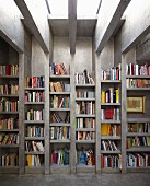 Floor-to-ceiling concrete bookcase with uprights continuing into ceiling beams
