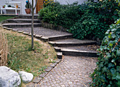 Paved path with steps to the house entrance