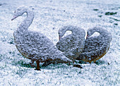 Iron sculpture 'Grey Geese' in hoarfrost