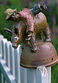 Handmade pottery donkey with rider, to put on post