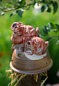 Keramikschweine mit Stroh als Ohrwürmchenhäuschen