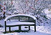 Semicircular wooden bench covered with snow