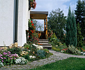 House entrance with rock garden