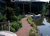 Pond garden, view of the house from the seating area