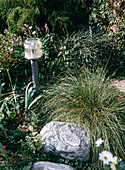 Garden lamp, boulder, pennisetum, lampbush grass