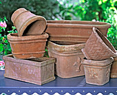 Various frost-proof terracotta pots