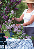 Woman arranges bouquet of lilac