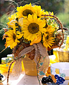 Helianthus annuus / Sonnenblume, Zierkürbisse, Herbstlaub, Gräser