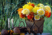 Bouquet with dahlias 'Royal Simon' (orange), 'Glorie van' (white)