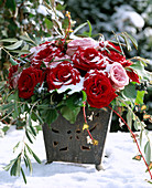 Rose bouquet with snow, hedera (ivy) with berries and olive branch