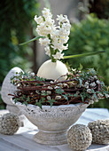 Bowl with willow catkin wreath, Hedera (ivy vines)