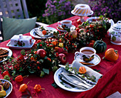 Tischgirlande aus Hedera (Efeu), Clematis, Malus (Äpfel), Rosa (Hagebutten), Samen
