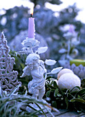 Viscum album (Mistletoe), angel candle holder, baubles, metal fir tree
