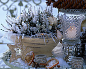 Calluna (heather) with tree ornaments and icicle chain
