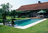 Swimming-Pool an Terrasse mit Sitzgruppe aus Holz, Wintergarten mit Kletterpflanzen, Apfelbaum (Malus) im Rasen