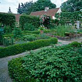 Garden with low box hedges, perennials, rose trellis and small pond