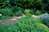 Runder Kräutergarten, Beete mit Holz eingefasst, mit Kieswegen