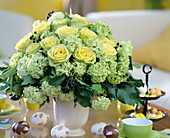 Viburnum (snowball), yellow rose petals, Hedera (ivy)