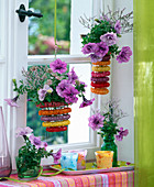 Decorated hanging vases with Petunia (double petunias)