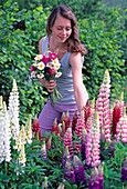 Junge Frau mit Blumenstrauß schneidet Lupinus (Lupinen)
