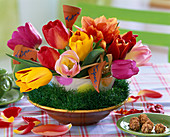 Tulipa (tulips) in dotted glass bowl