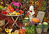 Autumn terrace with pumpkins, heather and ornamental cabbage