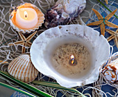 Weiße Kerzen in Muschelschalen