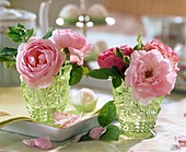 Rosa (pink roses) in green relief vases