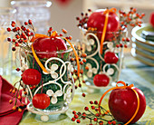 Malus (Äpfel, Zierapfel), Rosa (Hagebutten), Windlichter mit Moos als Vasen
