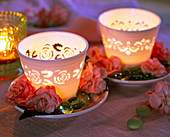 Lantern on saucer with impatiens and glass lenses