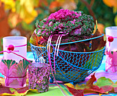 Brassica, lantern with ornamental cabbage leaves, Erica wreath