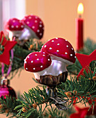 Glass fly mushrooms as Christmas tree decorations