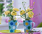 Ranunculus (buttercups), Betula (birch) in blue dotted cups
