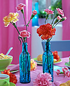 Dianthus (Nelken) in blauen Flaschen, Cornflakes, Teetasse auf rosa Tischtuch