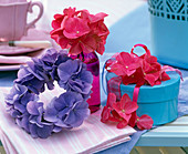 Blüten von Hydrangea (Hortensien, blau und pink) als Kranz