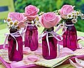 Rosa (Rosen), Matricaria (= Chamomilla, Kamille) in lila Glasflaschen