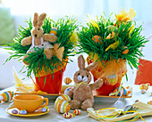 Triticum in light red pots with Easter eggs and stuffed bunnies