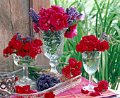 Rosa (Rosen, rot) und Lavandula (Lavendel) in Schalen mit Fuß
