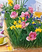 Table runner of Triticum (wheat) with Tulipa (tulips)