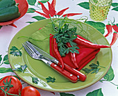 Plate decoration with hot peppers and parsley