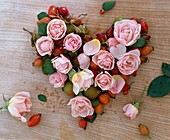 Herz aus Rosa (Rosen, Rosa und Hagebutten) auf Holz