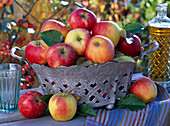 Malus 'Elstar' (Apfel, Früchte und Blätter) in Korb und auf dem Tisch, Flasche