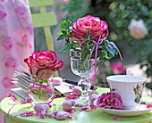 Einzelne Rosa (Rosenblüten), Hedera (Efeu) in Gläsern