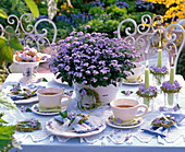 Myosotis on laid table, Salix wreaths