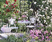 Mosaic seating in front of rose arbor