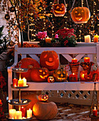 Illuminated Halloween Balcony, Cucurbita Gourds, Chrysanthemum, Cotoneaster